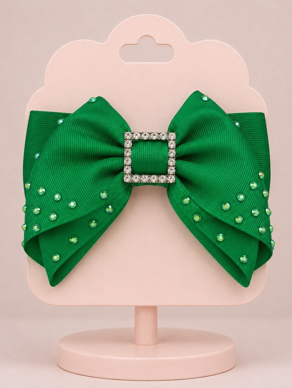 Handmade Bow Green Crystal-Embellished Bow Hair Clip with Rhinestone Buckle
